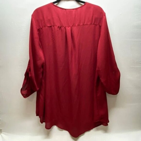 Rue+ V-Neck Tunic Women's 2X Maroon 3/4 Roll Tab Sleeves Lightweight Blouse EUC - Picture 2 of 6